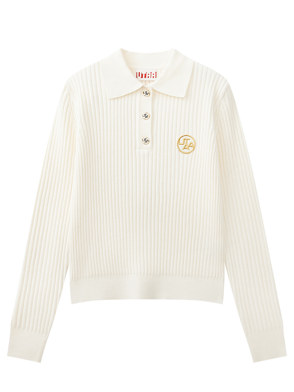 Áo knit golf nữ UTAA màu ngà, cổ bẻ cài nút, sọc dọc