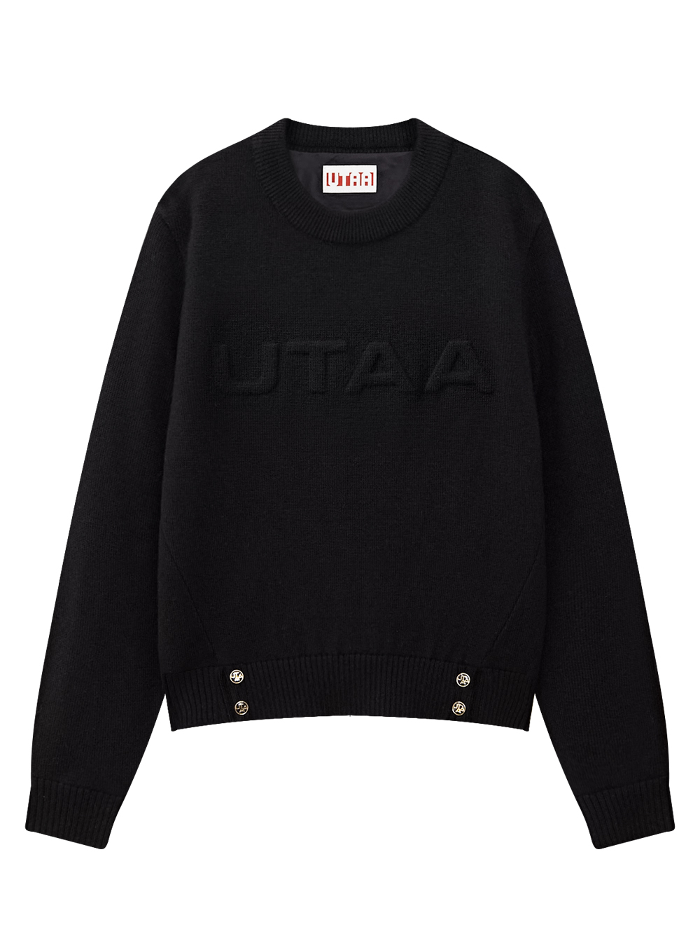 Áo knit golf nữ UTAA màu đen cổ tròn tay dài với logo thêu nổi chữ UTAA trước ngực