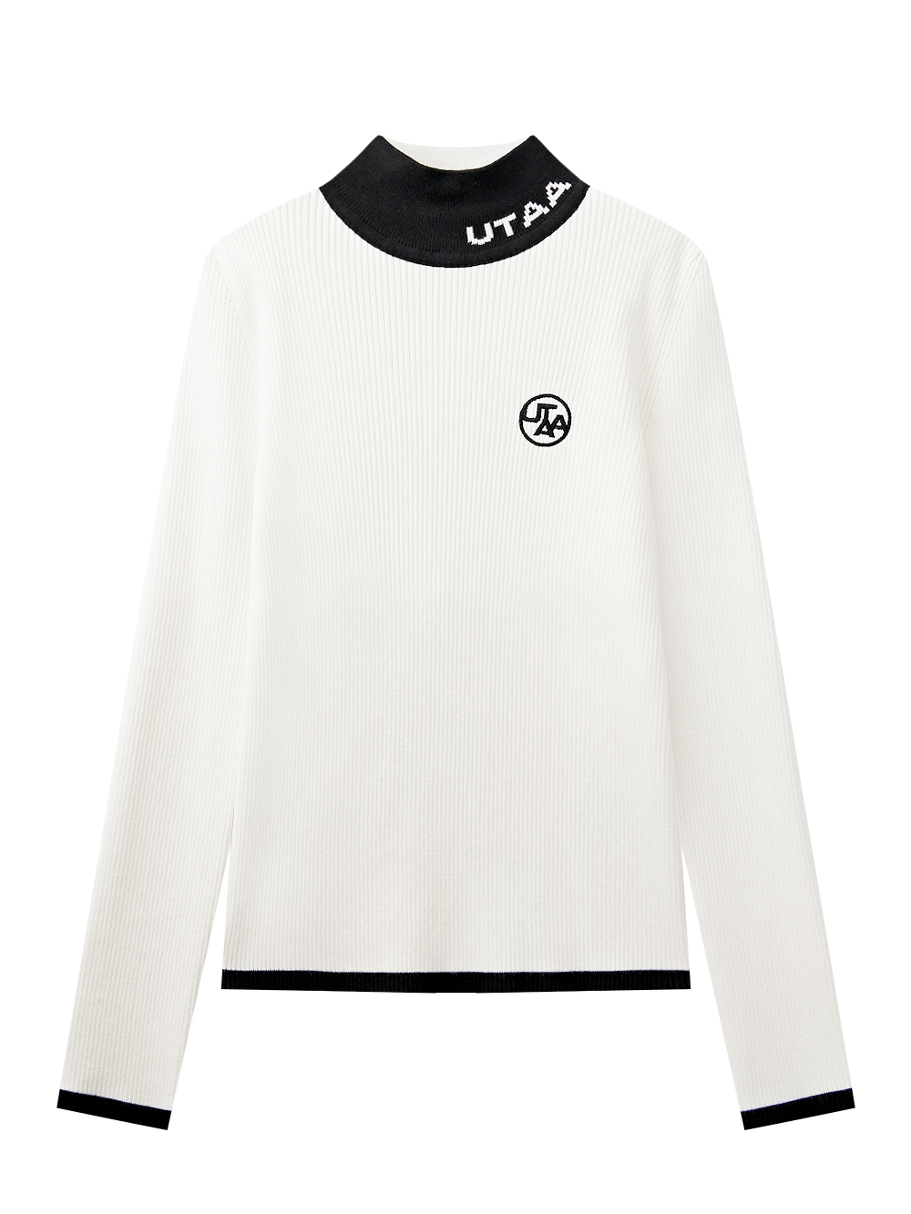 Áo knit golf nữ UTAA màu trắng cổ cao phối viền đen, logo UTAA trước ngực