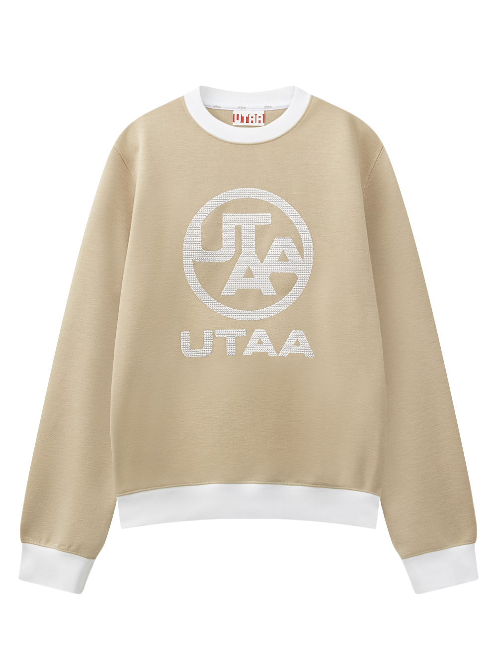 Áo golf nữ UTAA dáng sweater cổ tròn tay dài màu be viền trắng chữ logo UTAA trước ngực