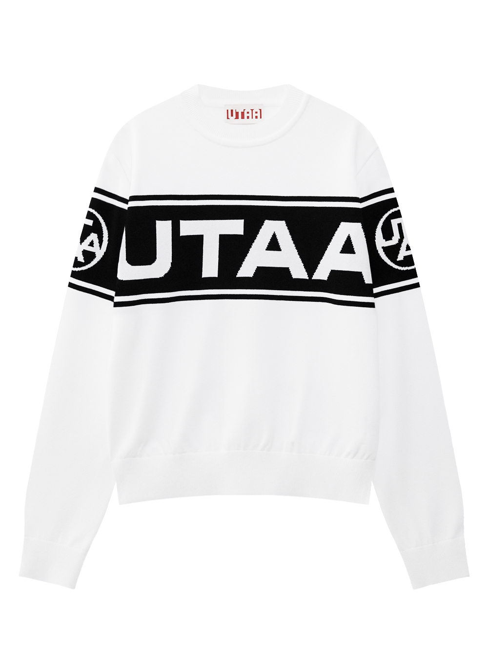 Áo knit golf nữ UTAA màu trắng tay dài họa tiết logo UTAA màu đen ngang ngực và tay áo