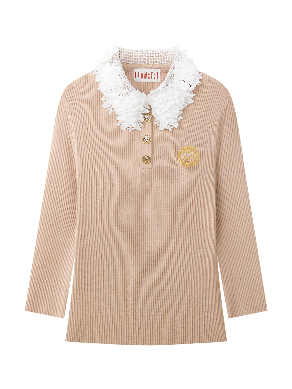 Áo knit golf nữ UTAA màu be cổ ren hoa trắng tay dài