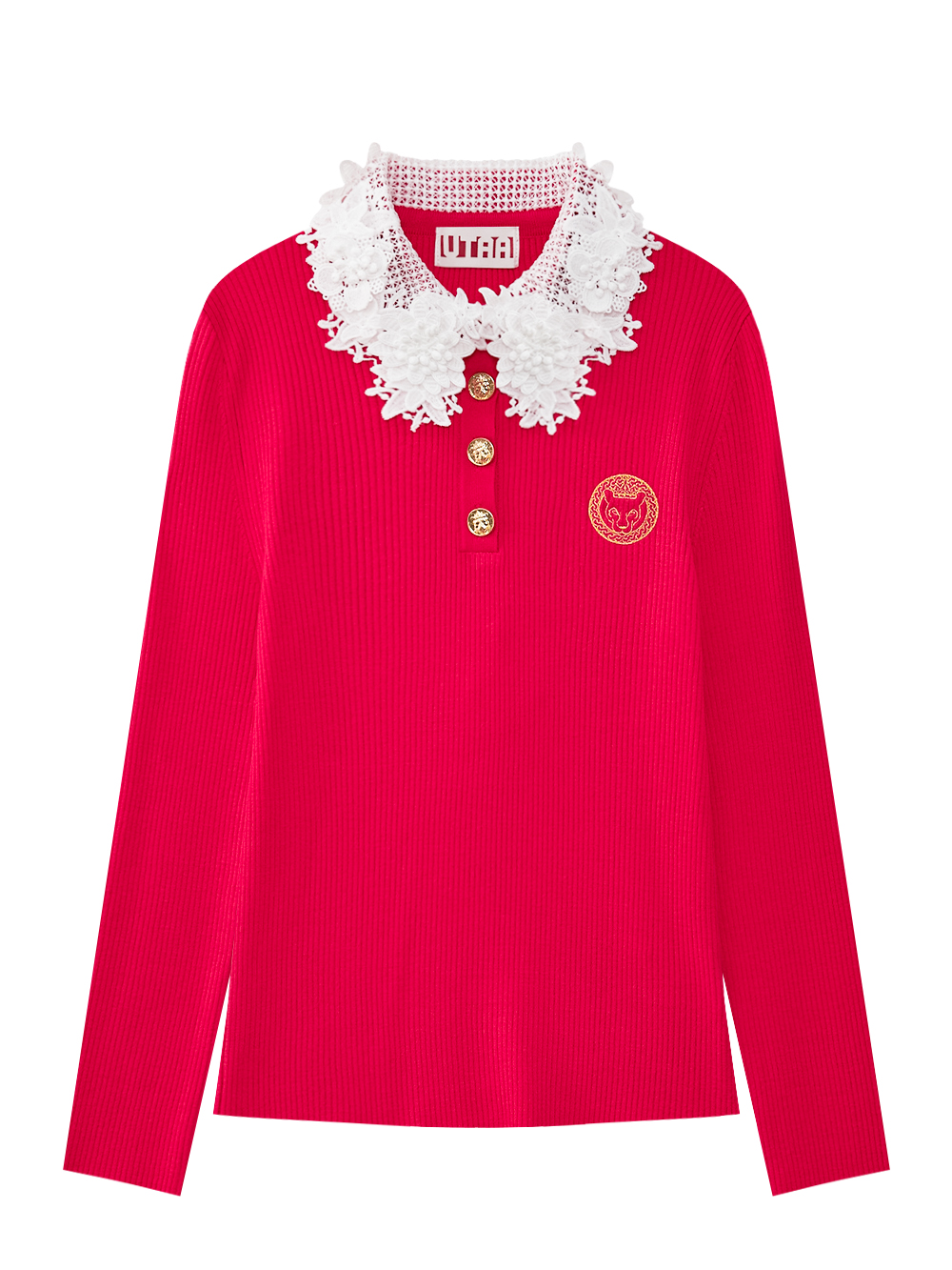 Áo knit golf nữ UTAA hồng đậm tay dài cổ ren hoa trắng họa tiết bông
