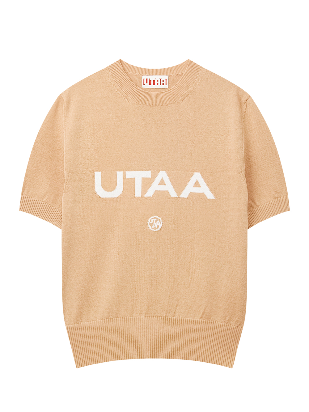 Áo knit golf nữ UTAA màu be cổ tròn tay ngắn logo trắng