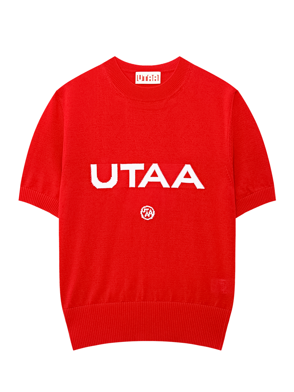 Áo knit golf nữ UTAA màu đỏ cổ tròn tay ngắn in logo trắng