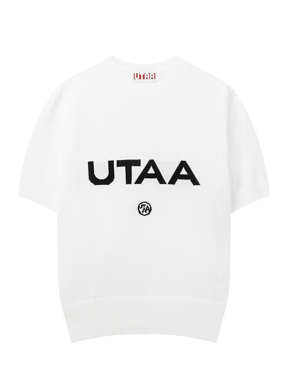 Áo knit golf nữ màu trắng UTAA cổ tròn tay ngắn với logo chữ UTAA màu đen