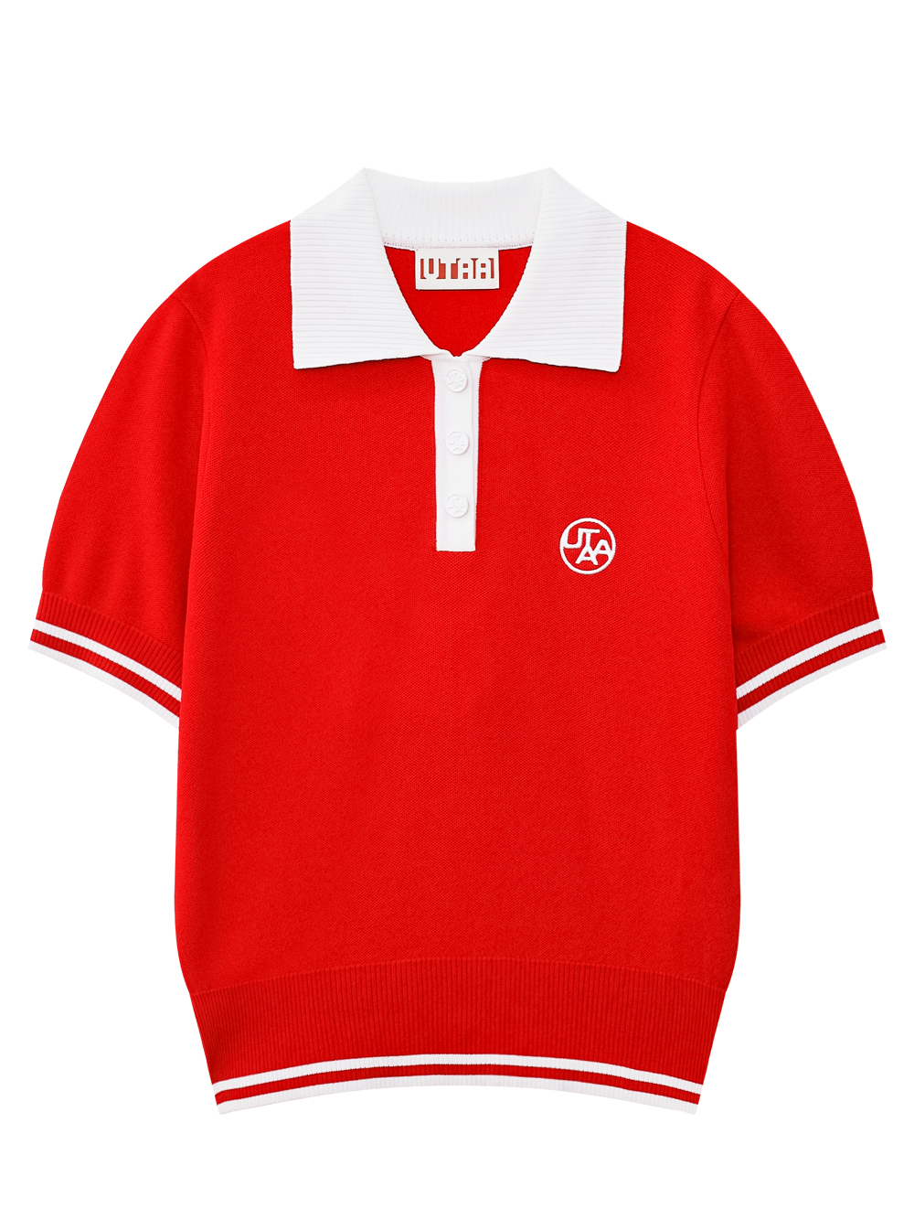 Áo knit golf nữ màu đỏ UTAA thiết kế cổ bẻ trắng tay ngắn phối viền trắng