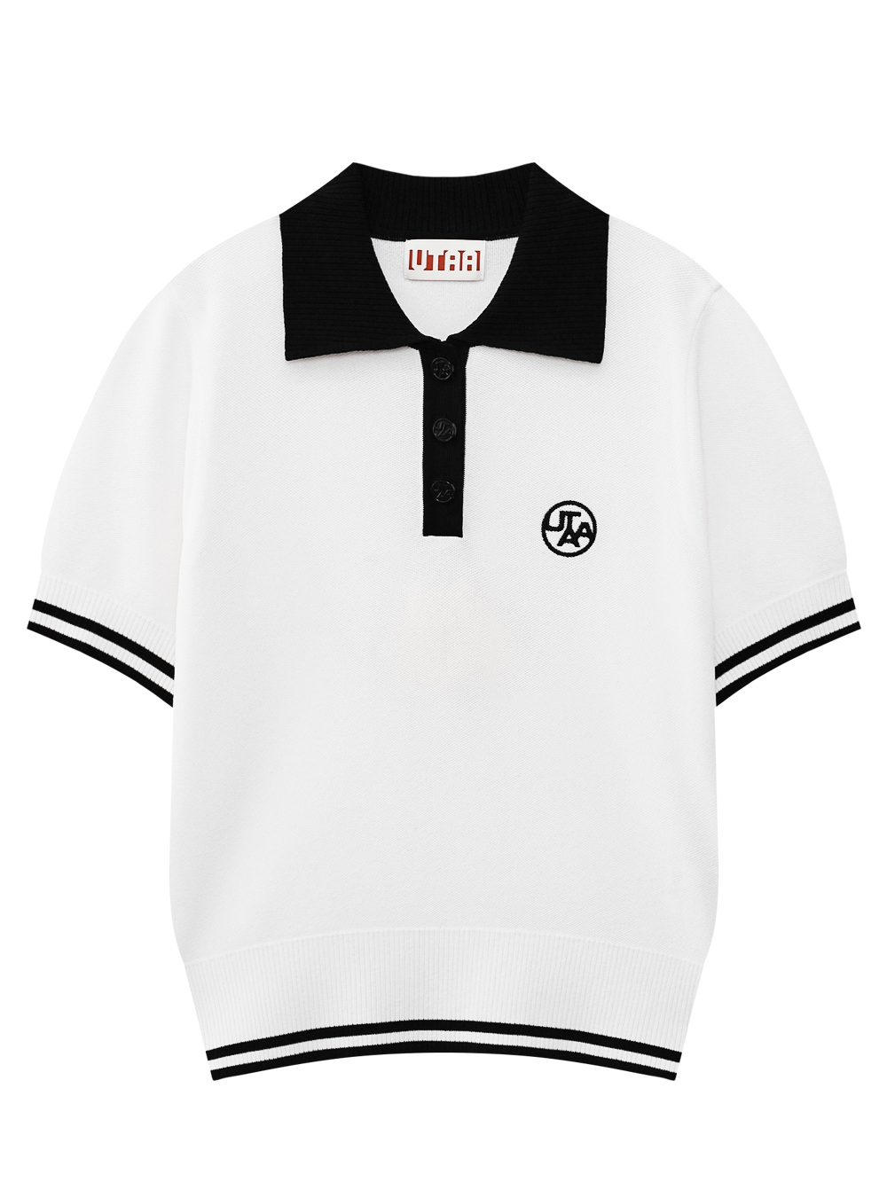 Áo knit golf nữ UTAA màu trắng cổ polo đen, viền tay gấu sọc đen trắng