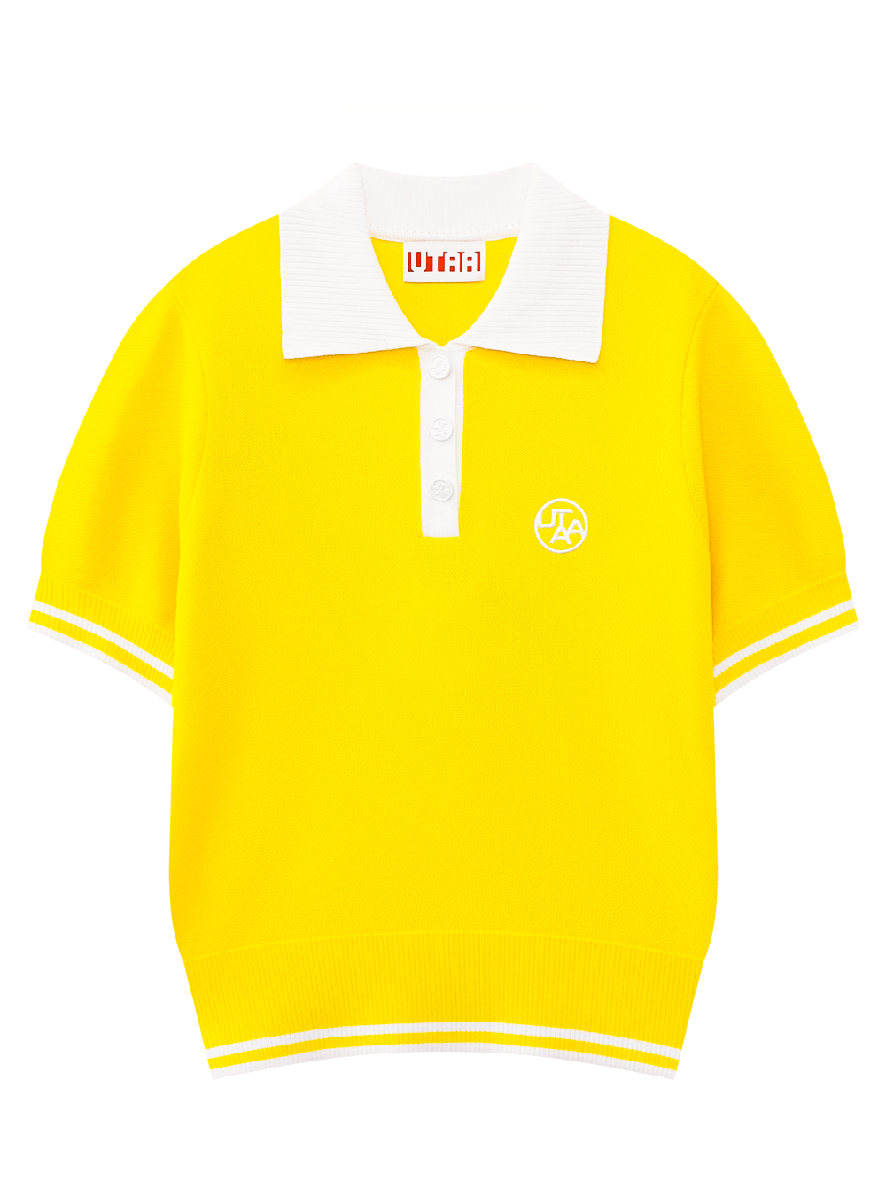 Áo knit golf nữ UTAA màu vàng cổ bẻ trắng tay ngắn phối viền trắng