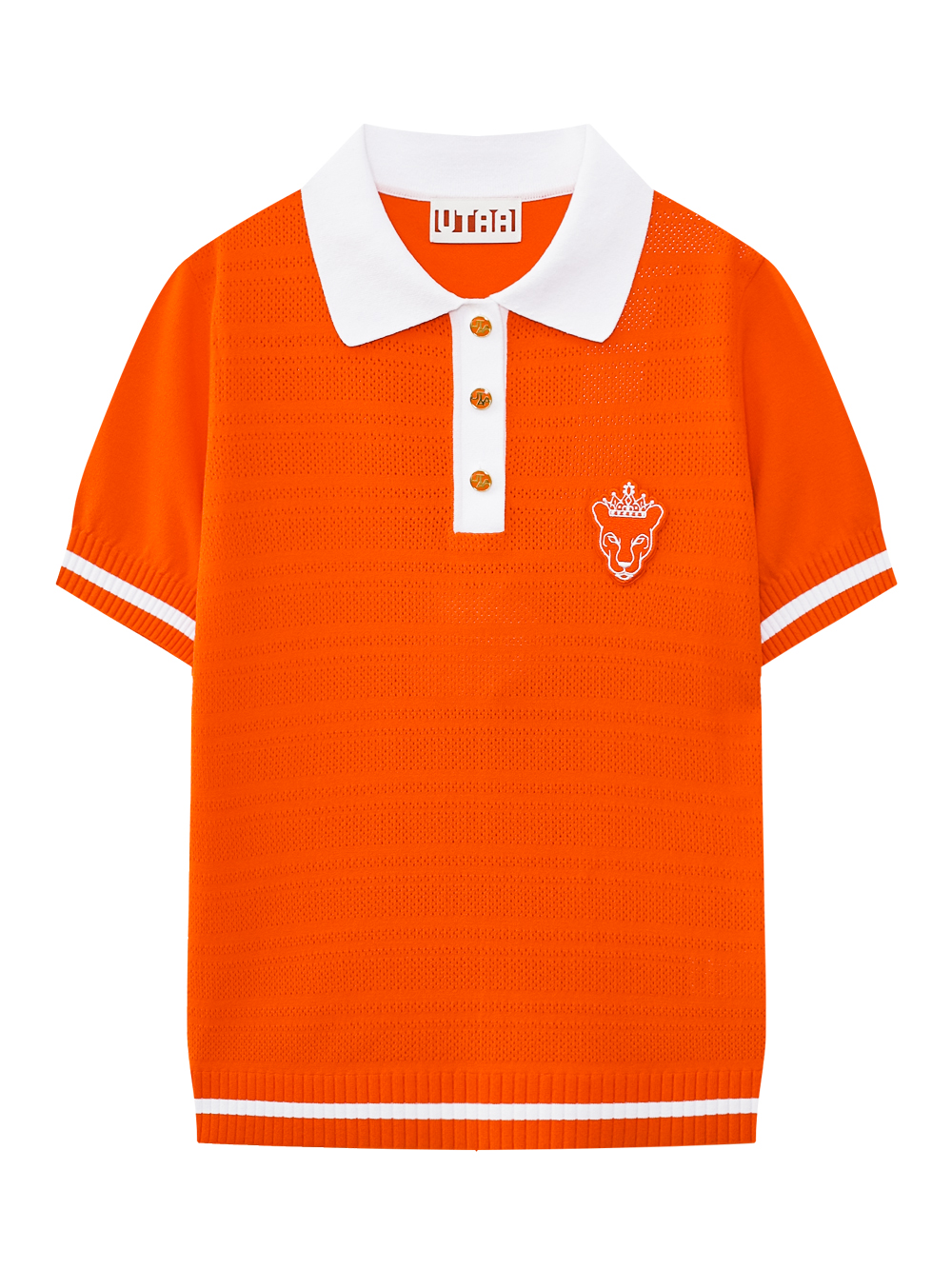 Áo knit golf nữ màu cam cổ bẻ trắng tay ngắn viền trắng UTAA