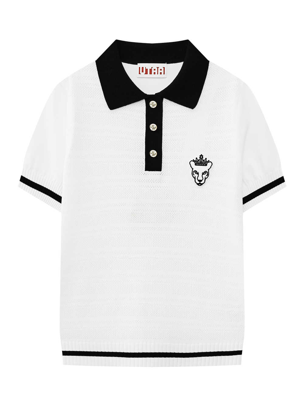Áo knit golf nữ UTAA màu trắng cổ bẻ phối viền đen, họa tiết đầu báo đội vương miện