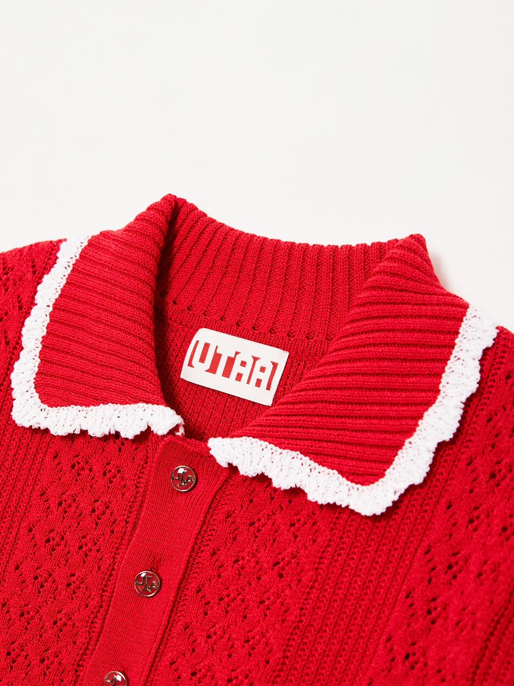 Áo knit golf nữ cổ sơ mi viền ren trắng màu đỏ — ảnh 3