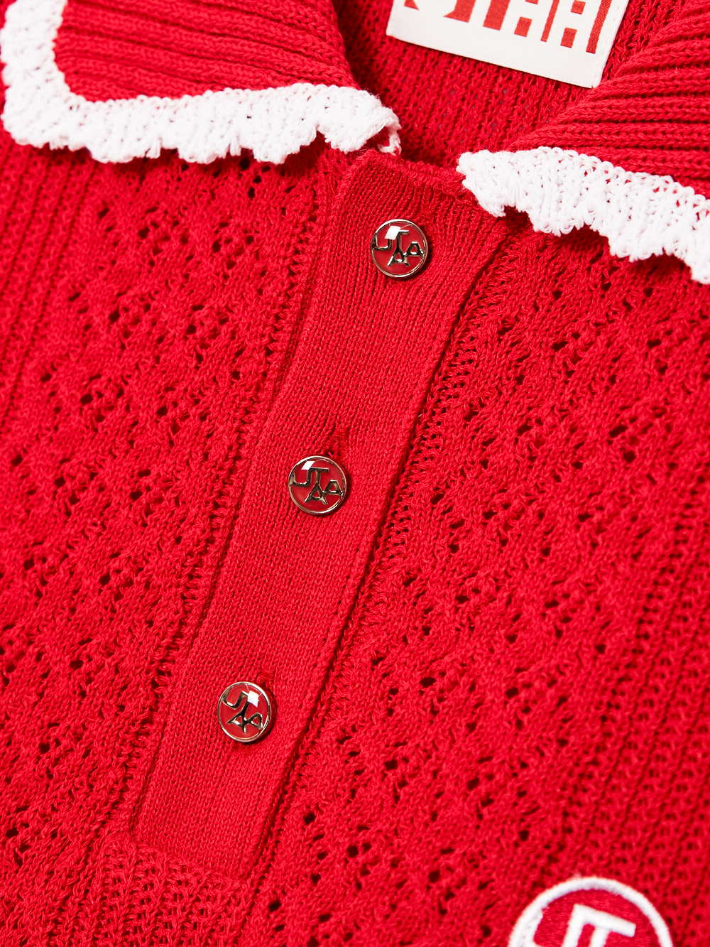 Áo knit golf nữ cổ sơ mi viền ren trắng màu đỏ — ảnh 4