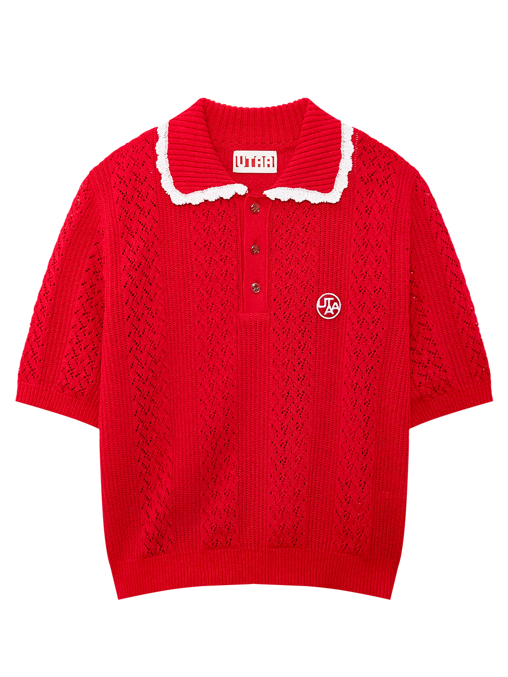 Áo knit golf nữ UTAA màu đỏ cổ sơ mi viền ren trắng, tay lỡ họa tiết lỗ thoáng