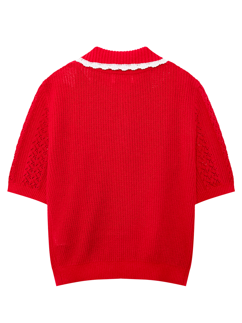 Áo knit golf nữ cổ sơ mi viền ren trắng màu đỏ — ảnh 2