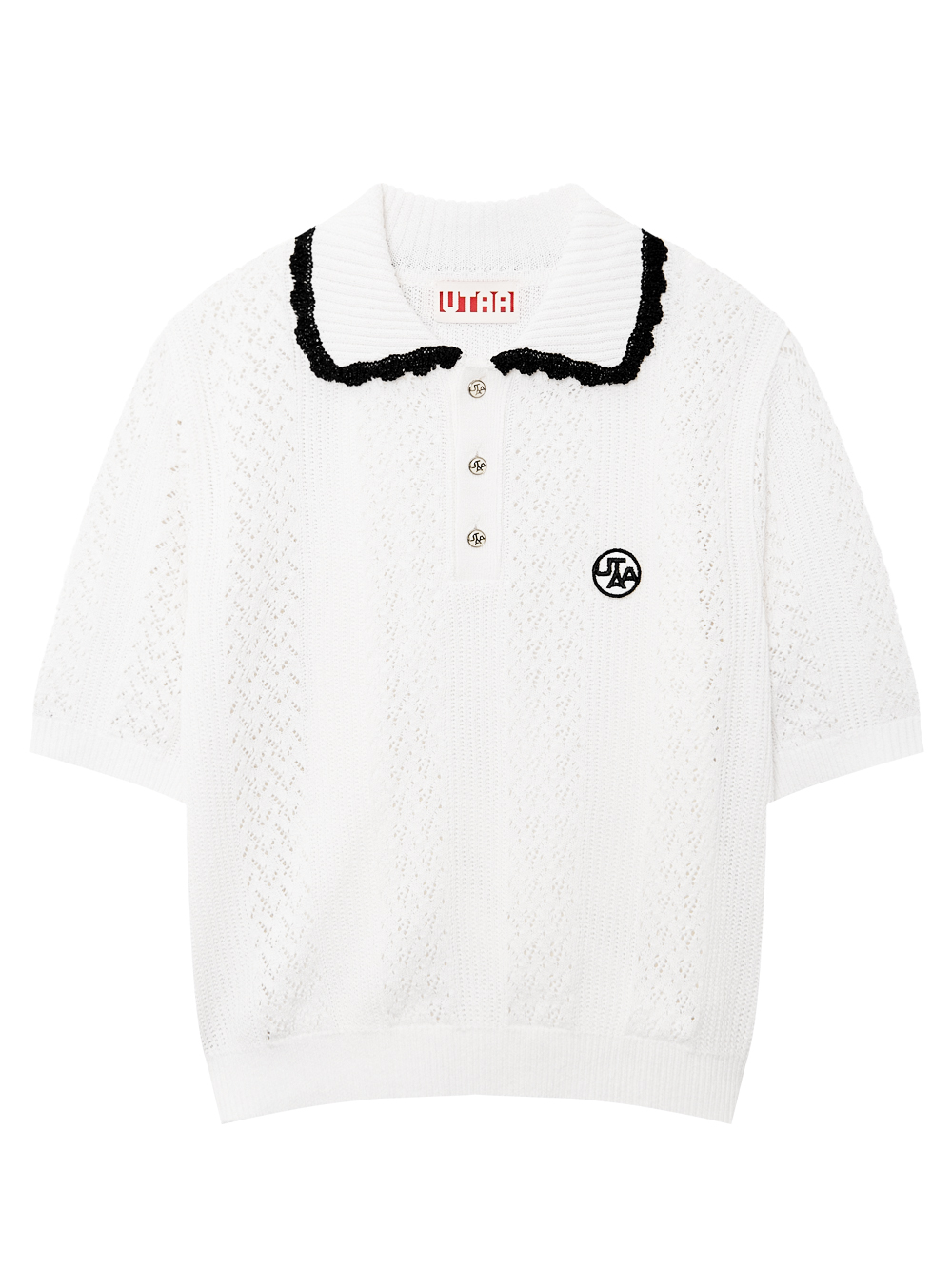 Áo knit golf nữ UTAA màu trắng cổ sailor phối viền ren đen tay cộc