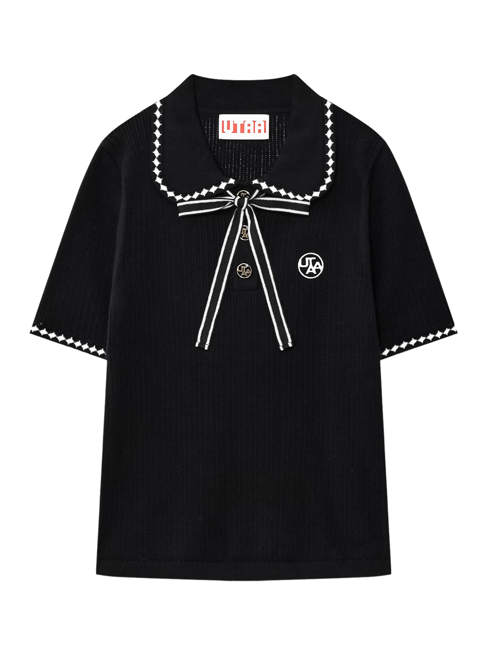 Áo knit golf nữ UTAA đen cổ Peter Pan phối viền trắng dây nơ sọc tay ngắn