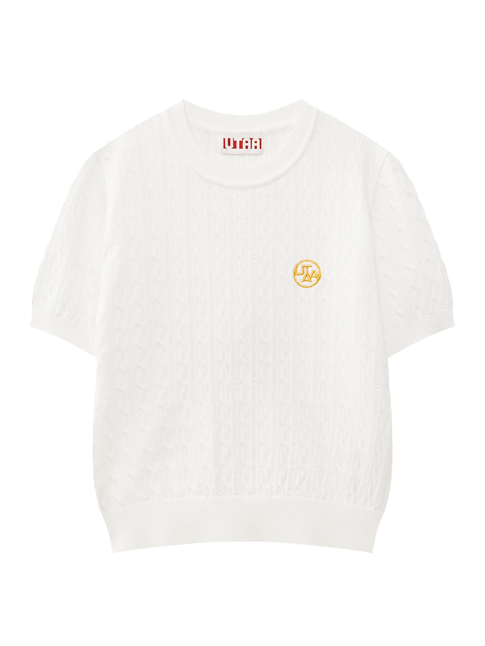 Áo knit golf nữ tay ngắn màu trắng có họa tiết dệt và logo thêu vàng