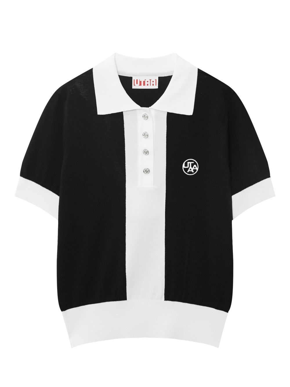 Áo knit golf nữ UTAA màu đen trắng, cổ sơ mi, tay ngắn phối viền trắng