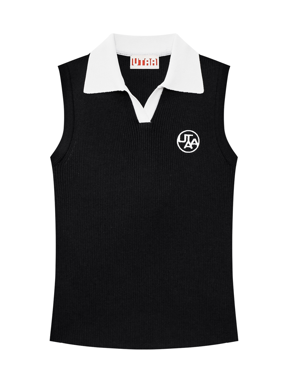 Áo knit golf nữ UTAA màu đen, thiết kế sát nách, cổ trụ phối viền trắng, logo thêu ngực trái