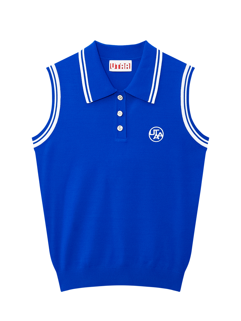 Áo knit golf nữ màu xanh dương cổ bẻ tay sát nách viền trắng UTAA