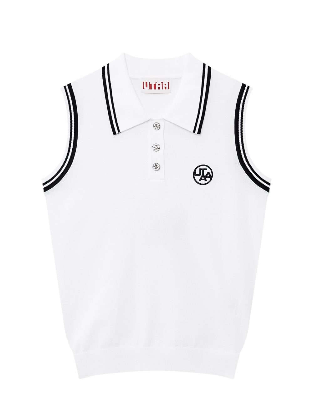Áo knit golf nữ UTAA màu trắng cổ bẻ, tay sát nách viền sọc đen, logo thêu ngực trái