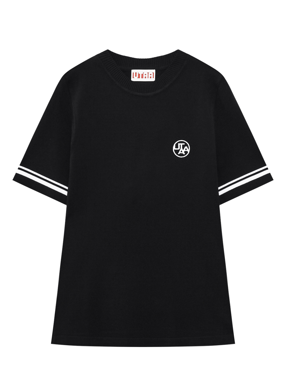 Áo knit golf nữ UTAA đen cổ tròn tay ngắn phối sọc trắng hai viền logo nhỏ trước ngực