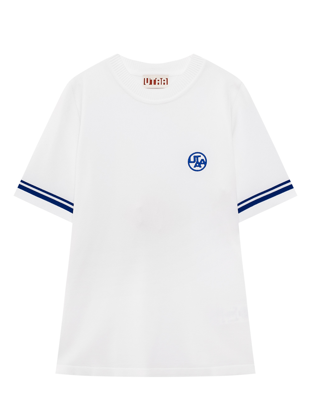 Áo knit golf nữ màu trắng với tay ngắn, viền kẻ sọc xanh, logo UTAA thêu trên ngực