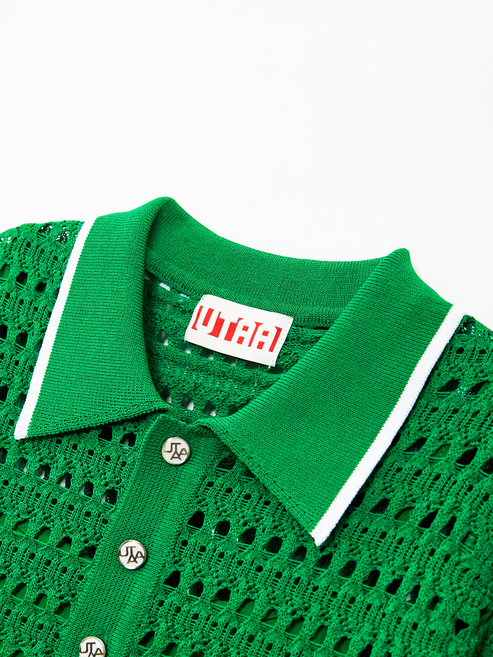 Áo knit golf nữ cổ bẻ lỗ mắt xanh lá — ảnh 3
