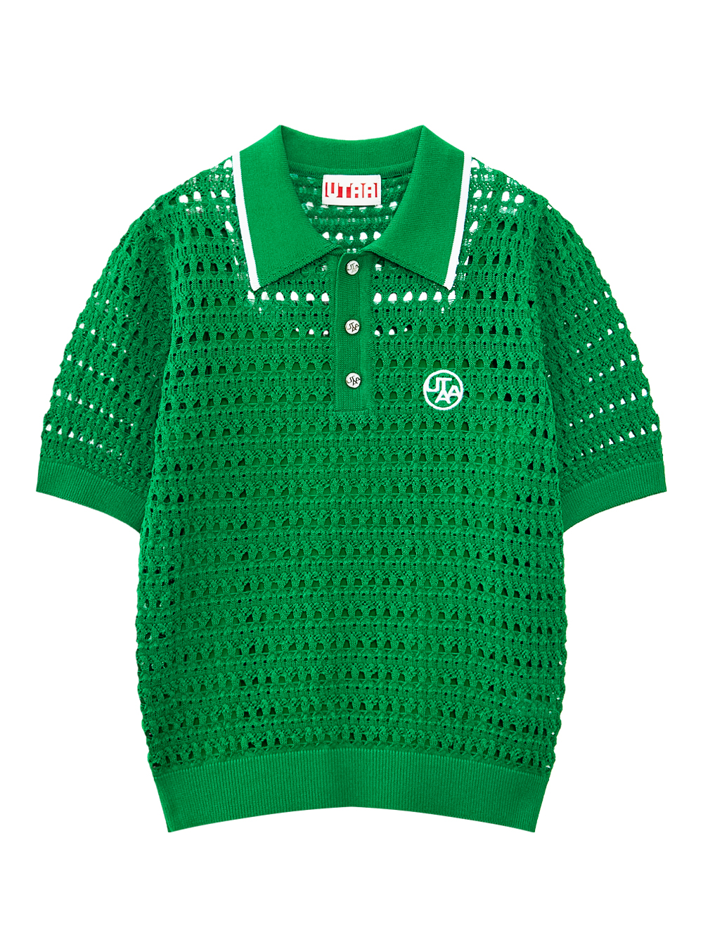 Áo knit golf nữ màu xanh lá UTAA cổ bẻ, tay ngắn, lỗ mắt kim loại tinh tế