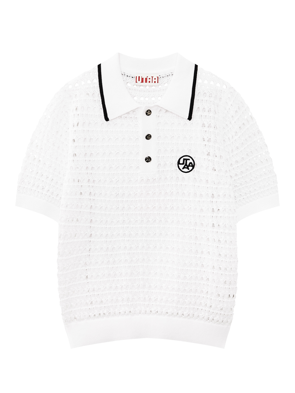 Áo knit golf nữ màu trắng, cổ bẻ phối viền đen, tay ngắn, logo UTAA trên ngực