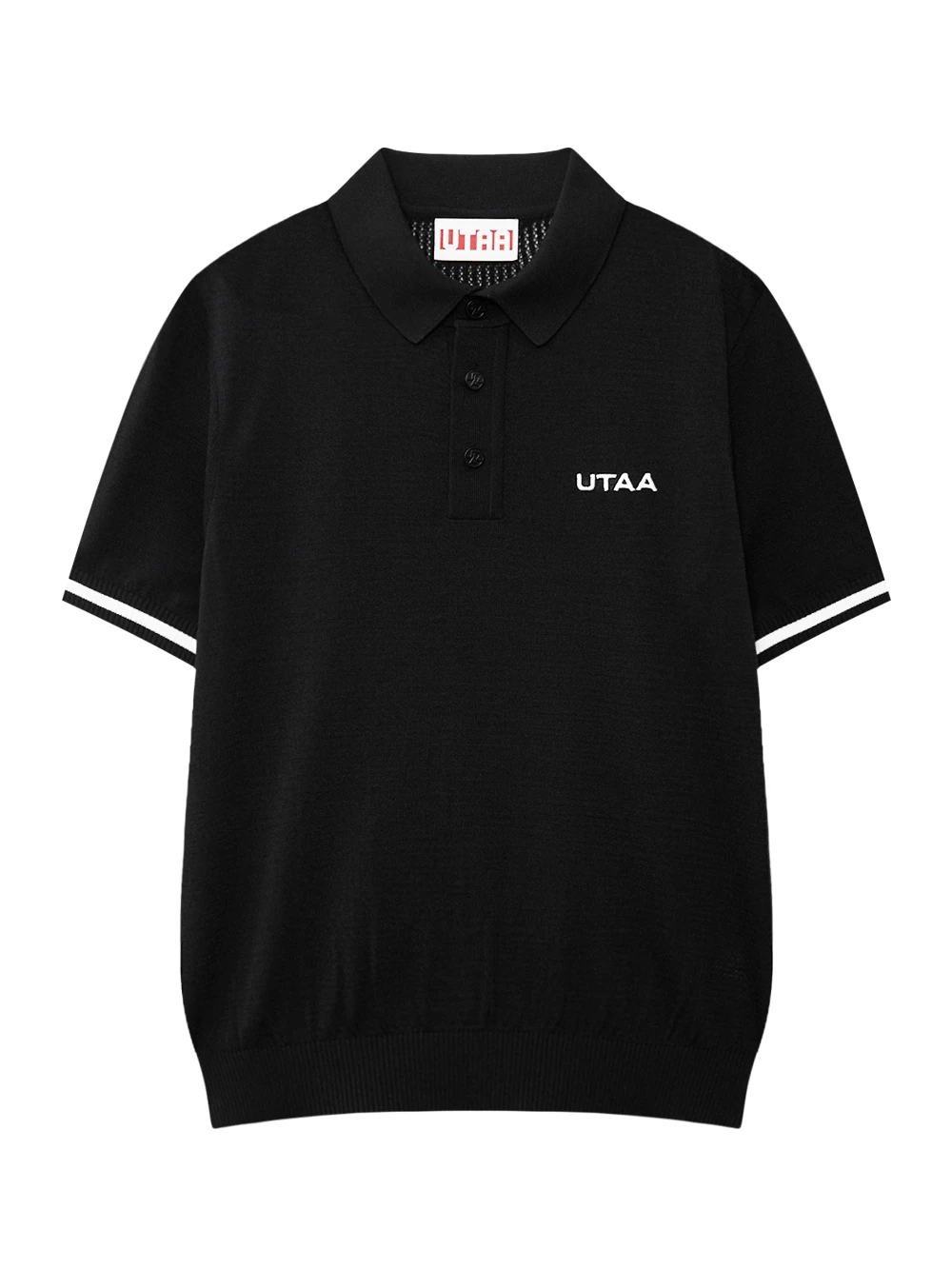 Áo knit golf nữ cổ bẻ tay ngắn viền trắng màu đen — UTAA | Seoul Golf Fashion