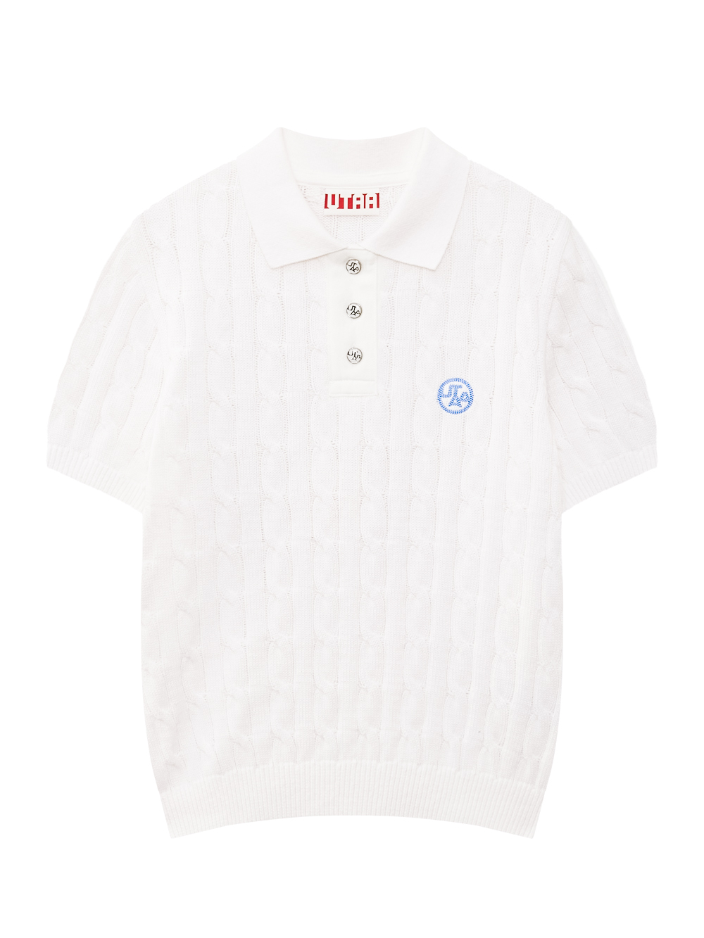 Áo knit golf nữ UTAA màu trắng cổ bẻ nút phối họa tiết đan móc