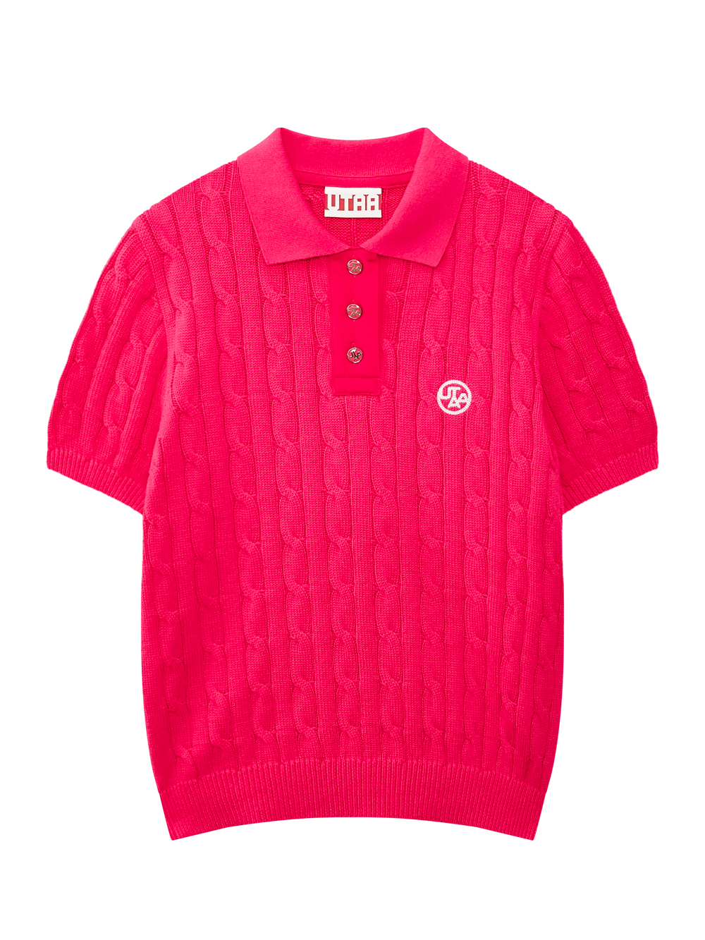 Áo knit golf nữ UTAA màu hồng cổ bẻ cộc tay họa tiết cable