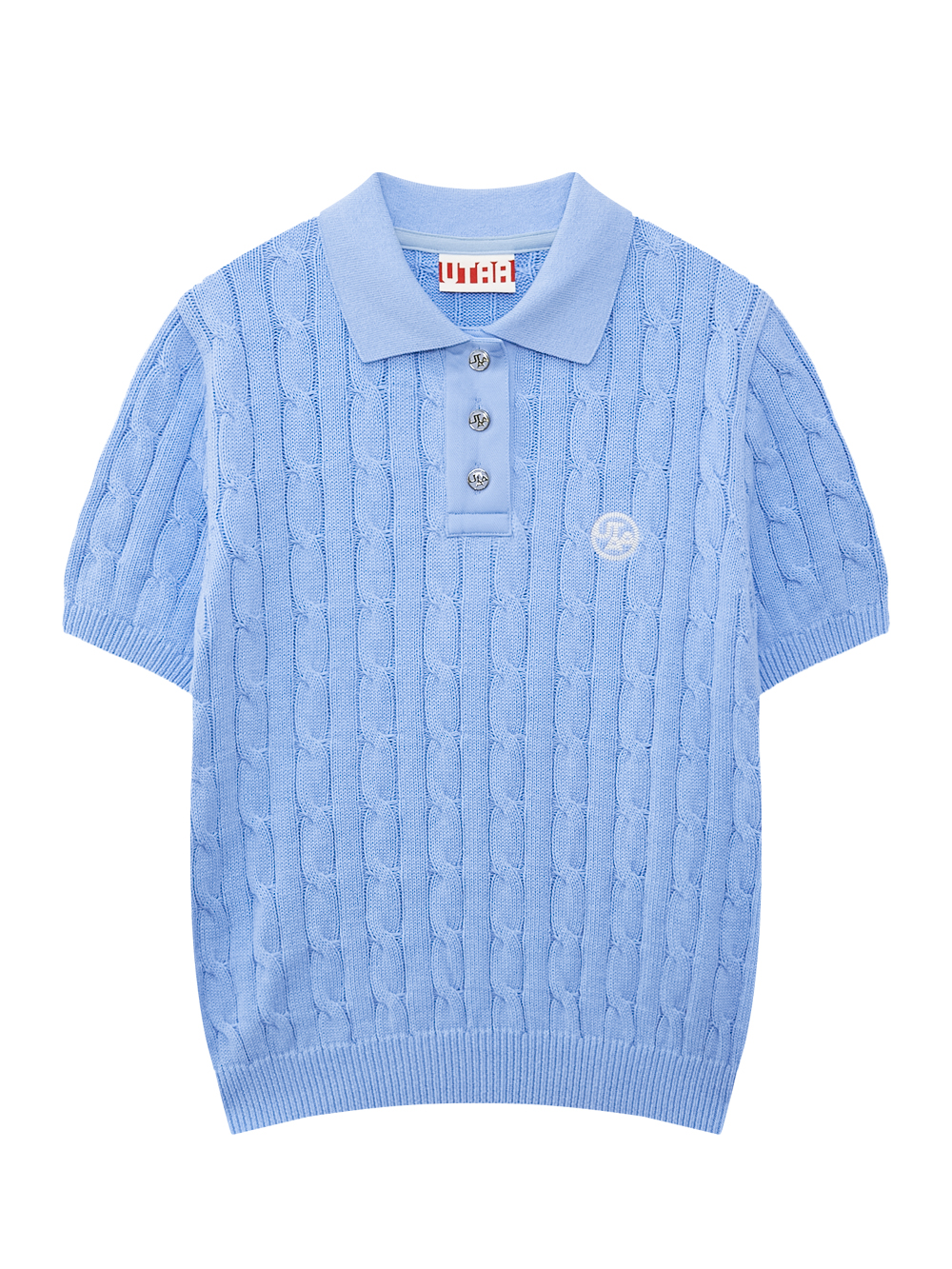 Áo knit golf nữ UTAA màu xanh dương cổ bẻ nút trước họa tiết dây thừng tay ngắn