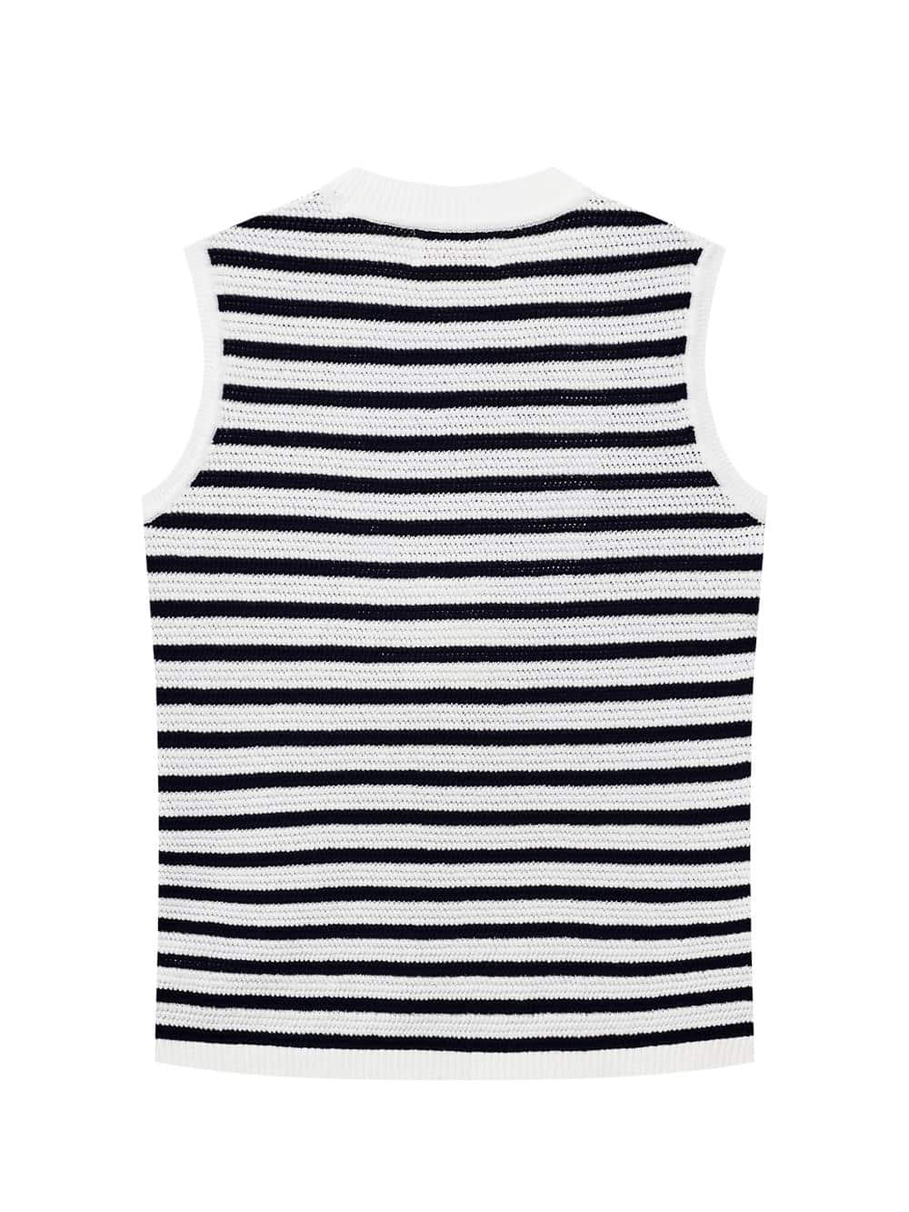 Áo knit golf nữ sọc ngang đen trắng cổ tròn sát nách — ảnh 2
