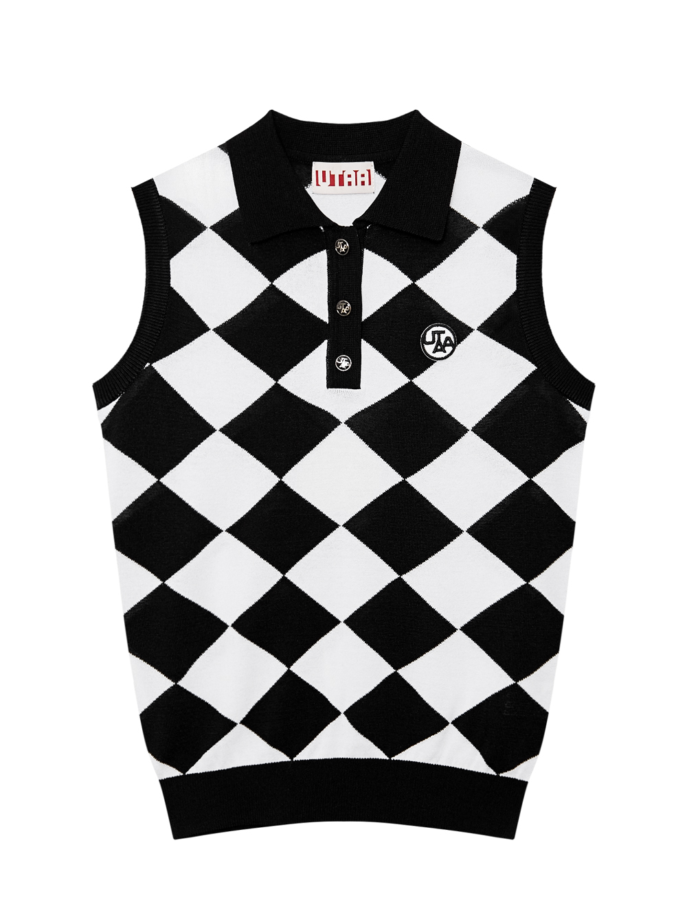 Áo knit golf nữ họa tiết caro đen trắng cổ bẻ không tay — UTAA | Seoul Golf Fashion