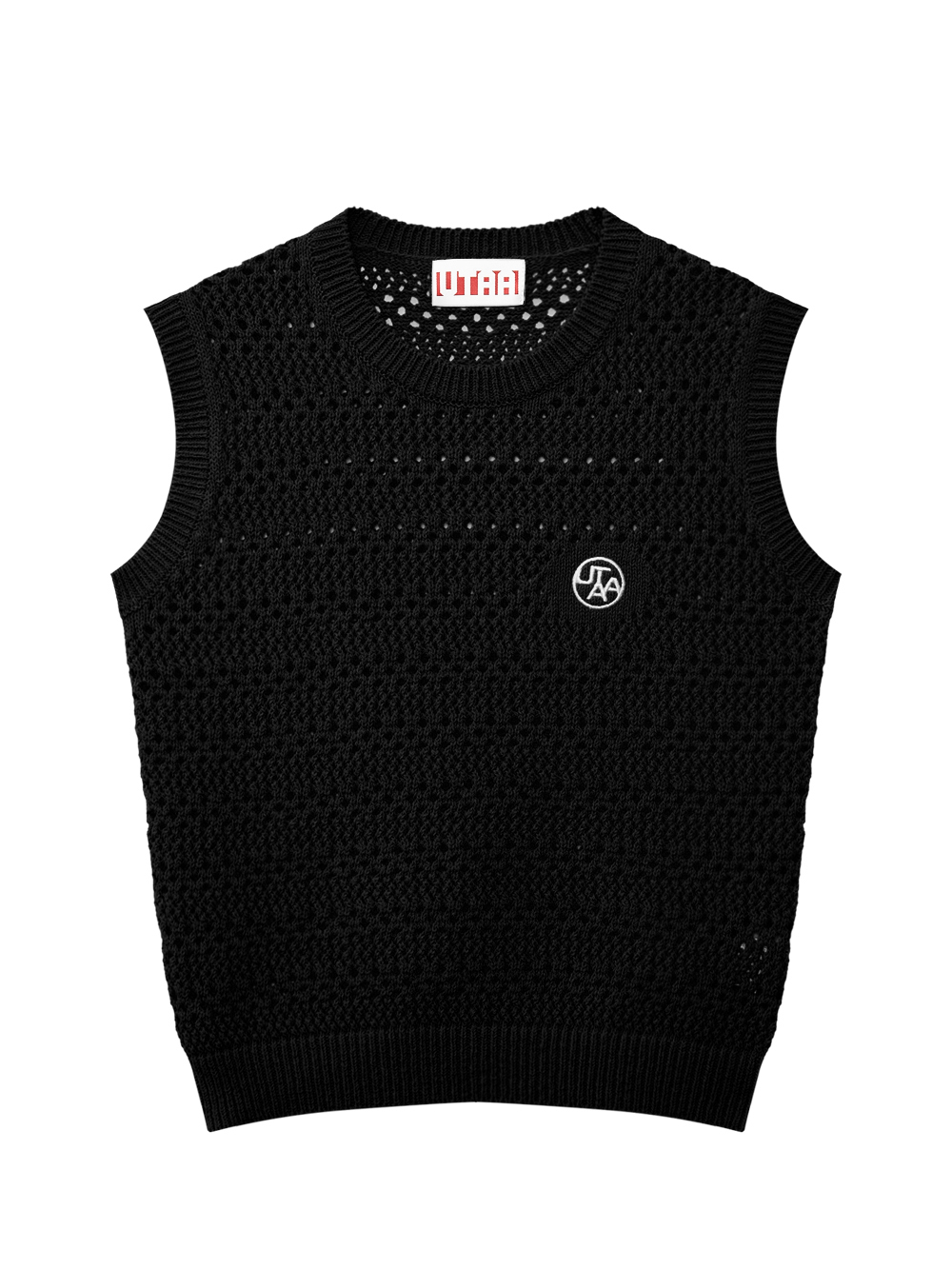 Áo knit golf nữ màu đen dáng sát nách với họa tiết đan mắt lưới và logo UTAA nhỏ phía trước