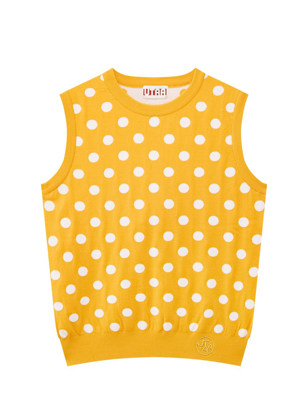 Áo knit golf nữ UTAA sát nách, màu vàng với họa tiết chấm bi trắng, phong cách trẻ trung