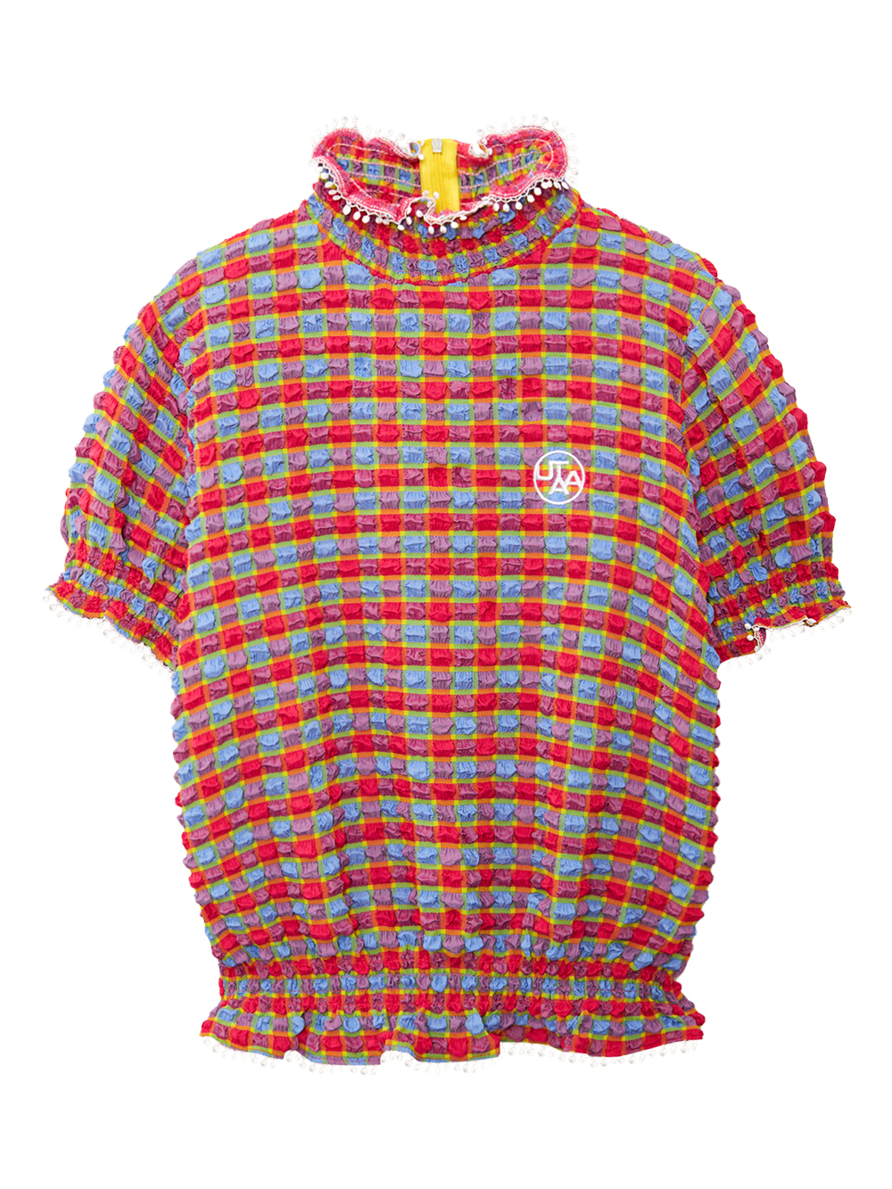 Áo sơ mi golf nữ caro phối bèo cổ cao màu hồng — UTAA | Seoul Golf Fashion