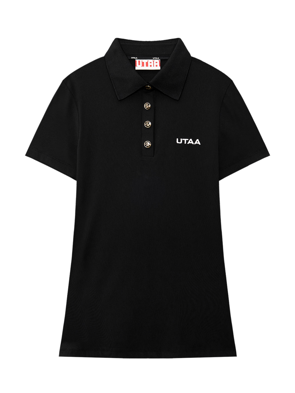 Áo golf nữ polo tay ngắn màu đen với cúc áo vàng và logo UTAA trắng