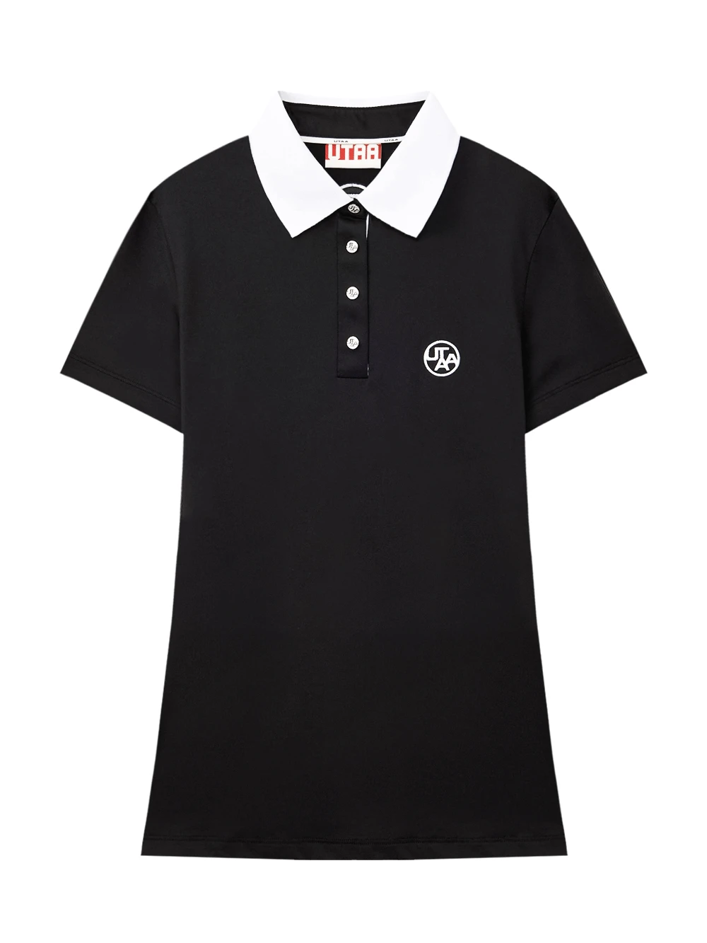 Áo golf nữ UTAA màu đen cổ trắng tay ngắn logo thêu