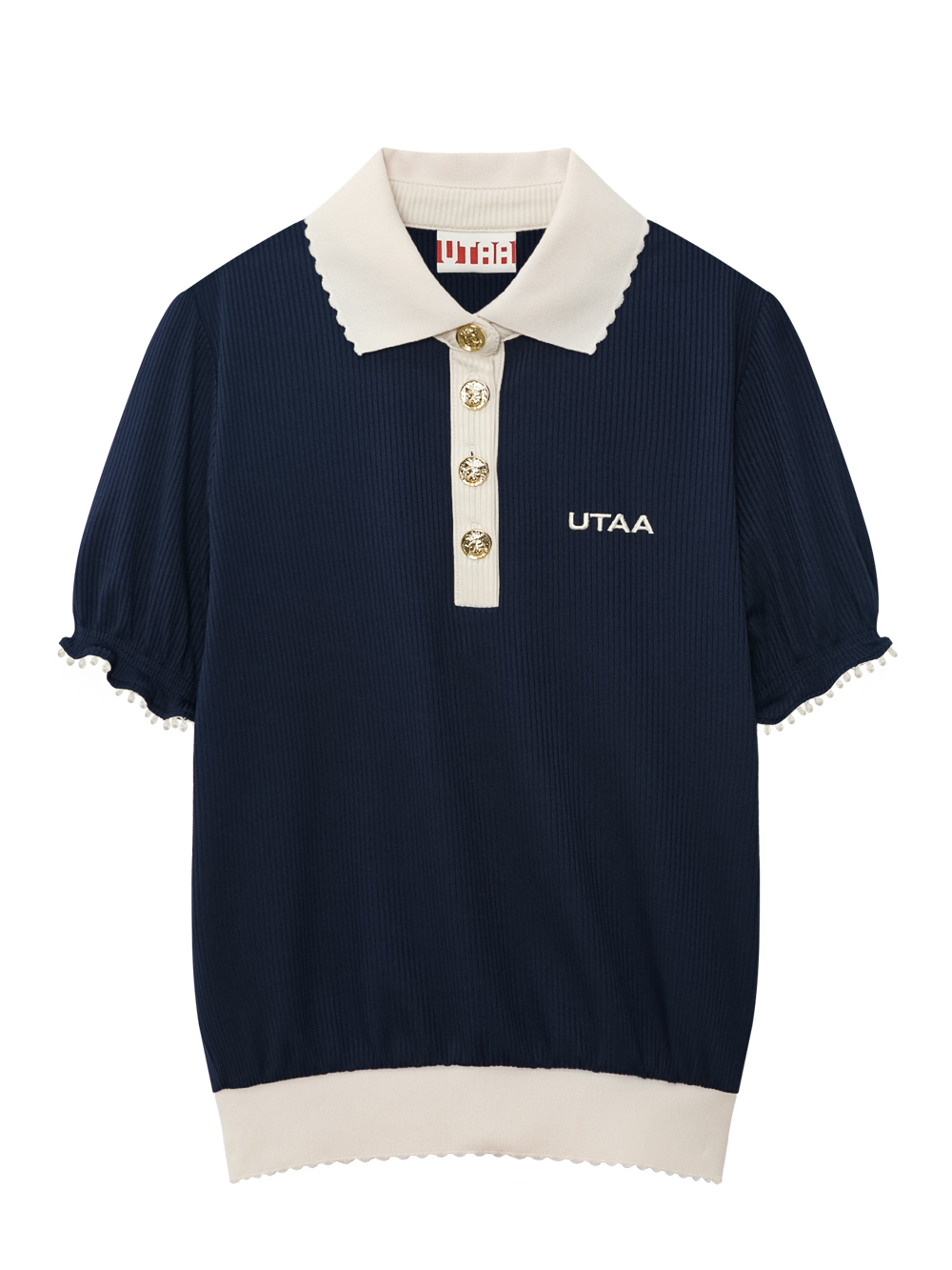 Áo golf nữ UTAA xanh navy cổ bẻ phối trắng viền ren tay nút vàng