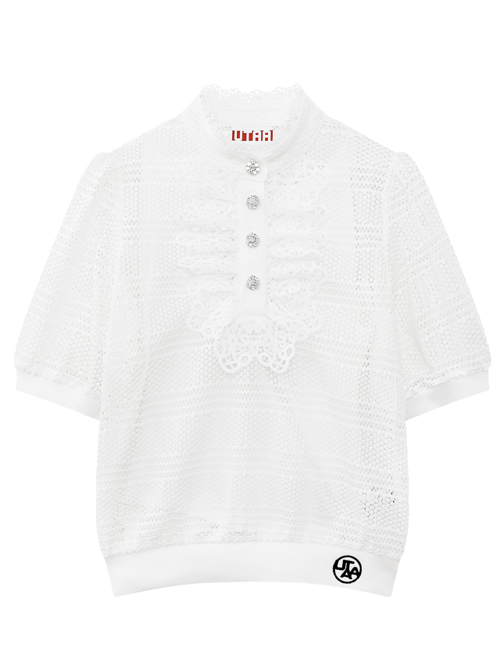 Áo sơ mi golf nữ tay lửng ren trắng phối nút đính đá — UTAA | Seoul Golf Fashion