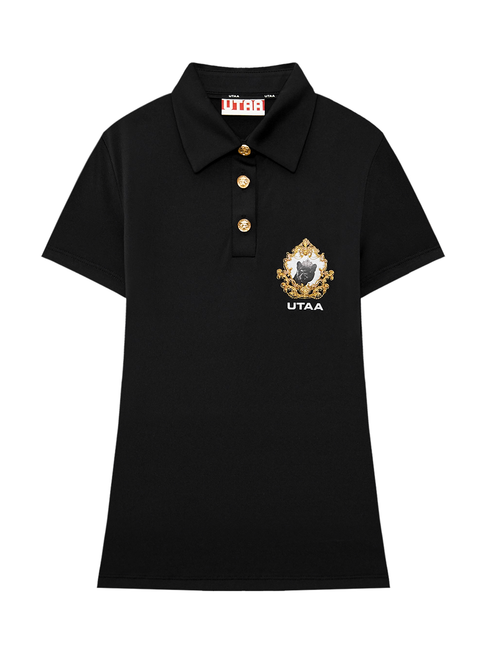 Áo golf nữ UTAA cổ bẻ màu đen cài nút vàng, họa tiết viền trang trí sang trọng