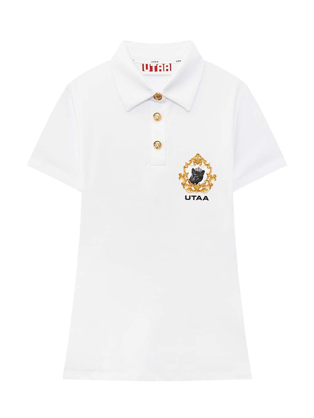 Áo golf nữ UTAA trắng cổ bẻ tay ngắn nút vàng họa tiết viền tròn đầu báo đen