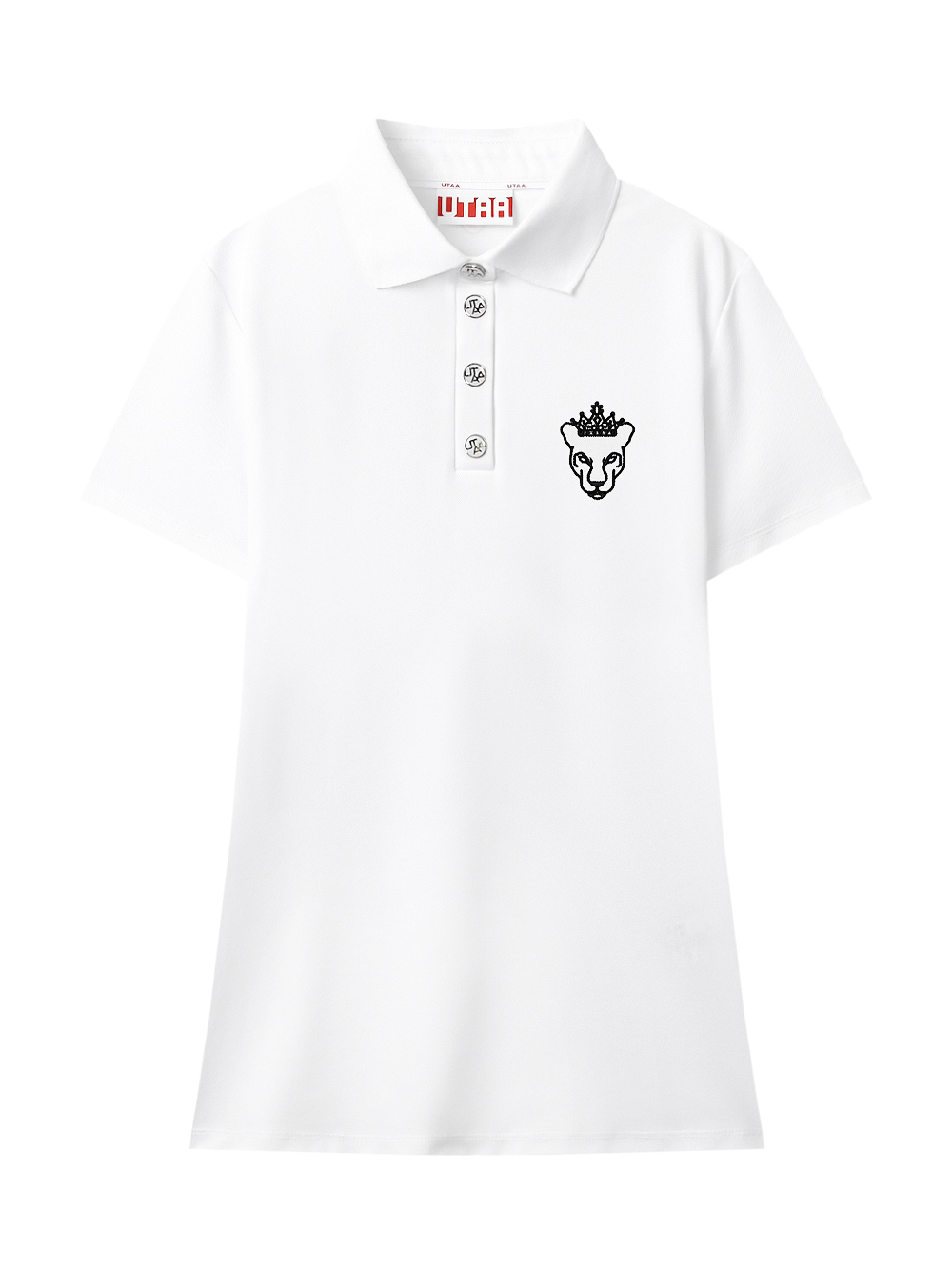 Áo polo golf nữ UTAA màu trắng có cổ bẻ, khuy áo trắng và thêu đầu báo đen trên ngực