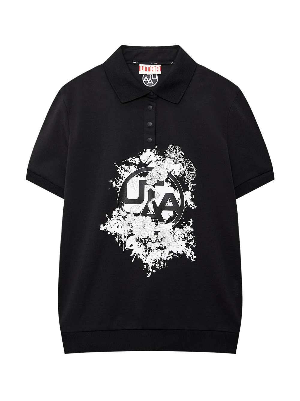 Áo polo golf nữ UTAA màu đen với họa tiết hoa trắng nổi bật ở giữa thân áo