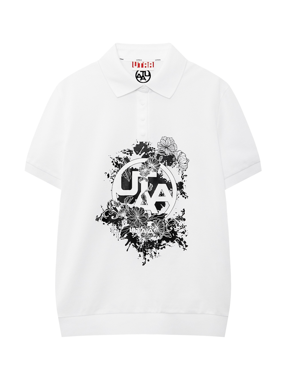 Áo golf nữ UTAA màu trắng cổ bẻ họa tiết graphic hoa đen