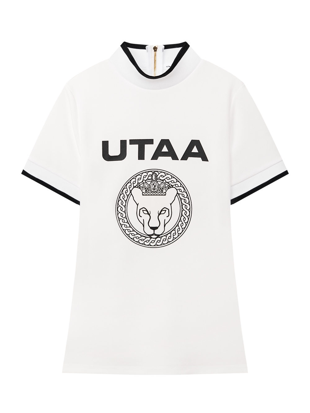 Áo golf nữ UTAA màu trắng cổ lọ phối viền đen có logo panther vương miện
